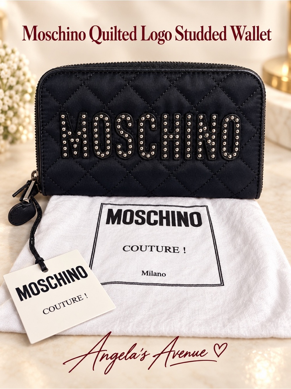 Moschino Quilted Logo Studded Wallet NEW